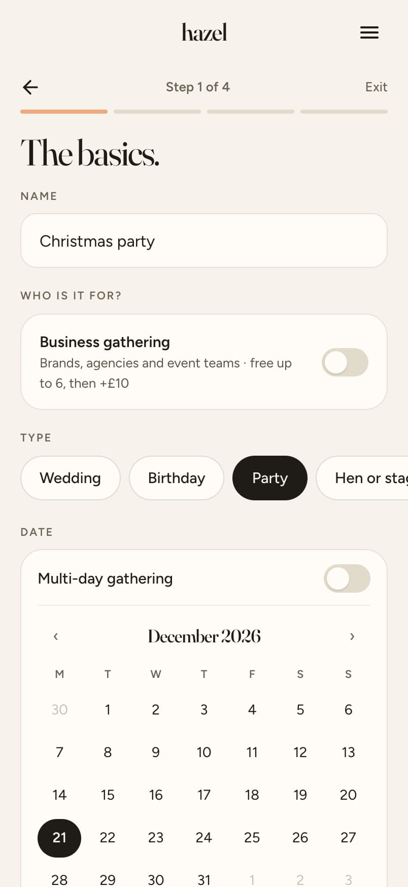 Step 1 of creating a gathering: name, who it is for, type and date