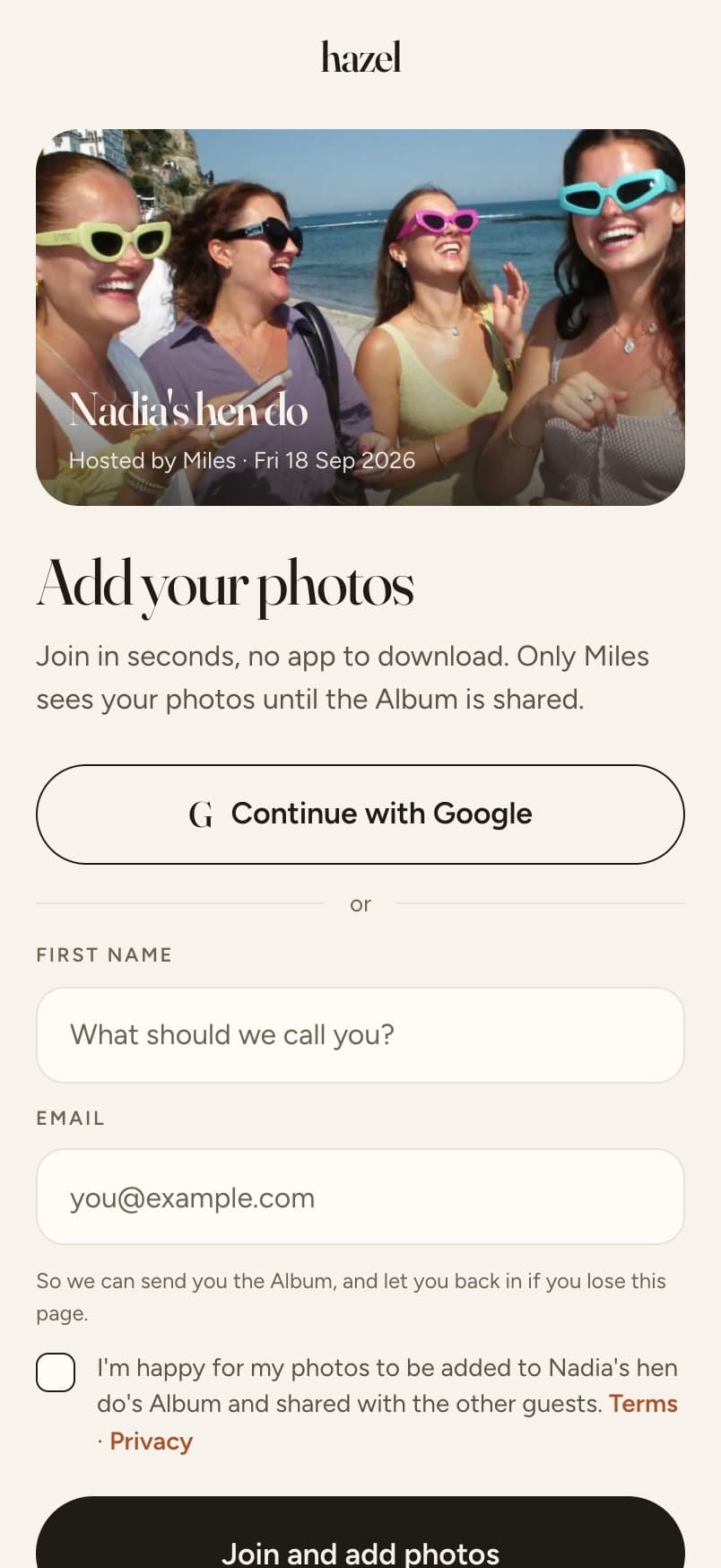 The join page a guest sees: the gathering, Add your photos, a first name and an email, no app