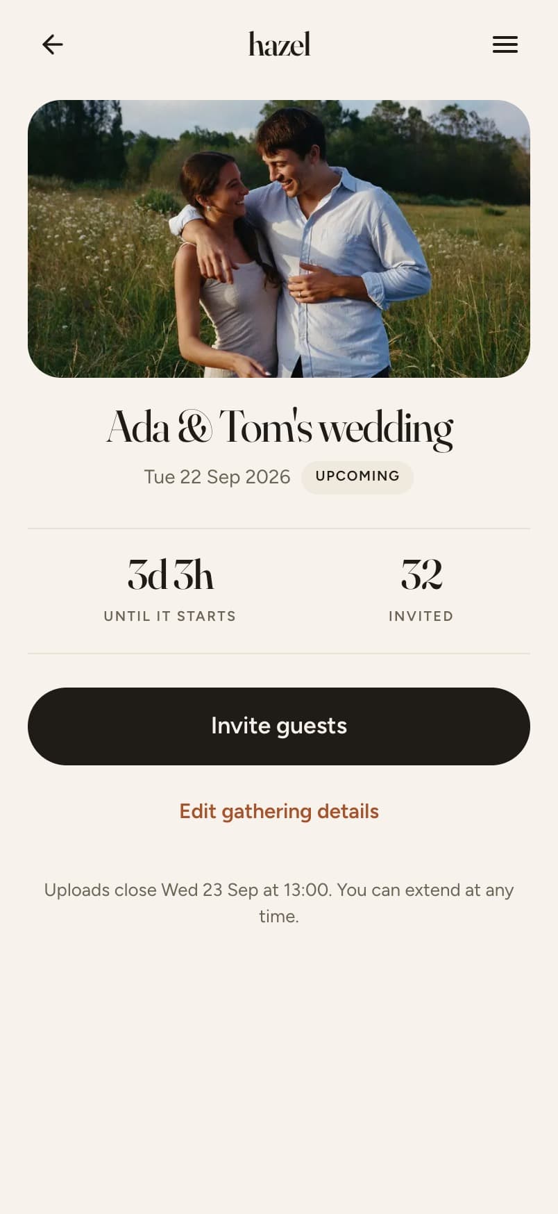 A gathering before it starts: cover, countdown, guests invited, Invite guests